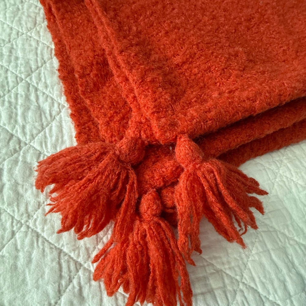 West Elm Vibrant Orange Knit Throw with Tassels - Picture 3 of 5